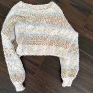 Debut Fuzzy Striped cropped Sweater in Cream and Tan